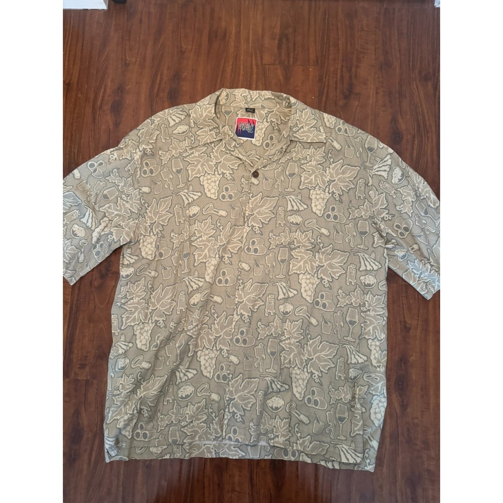 Dem Crazy Mens Hawaiian Tan Grape Glass Wine Pocket Shirt Short Sleeve Size 2XL